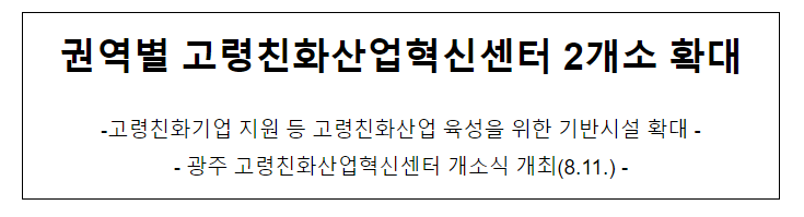 권역별 고령친화산업혁신센터 2개소 확대 권역별 고령친화산업혁신센터 2개소 확대