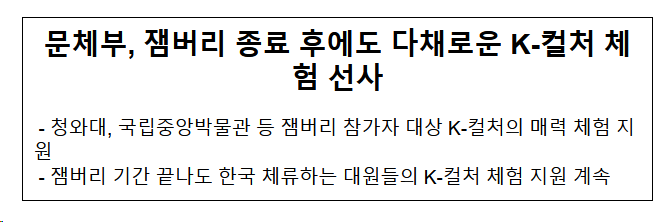 문체부, 잼버리 종료 후에도 다채로운 K-컬처 체험 선사 문체부, 잼버리 종료 후에도 다채로운 K-컬처 체험 선사