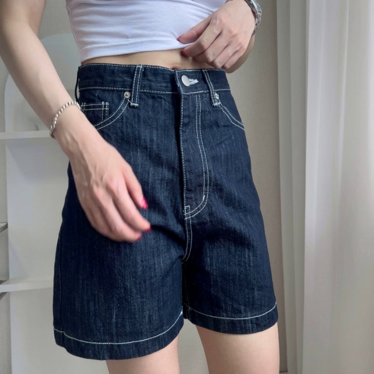  [S~3XL/물빠짐없는] 논페이드 생지 스티치 진청 4부 반바지