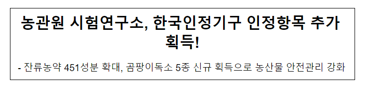 농관원 시험연구소, 한국인정기구 인정항목 추가 획득! 농관원 시험연구소, 한국인정기구 인정항목 추가 획득!