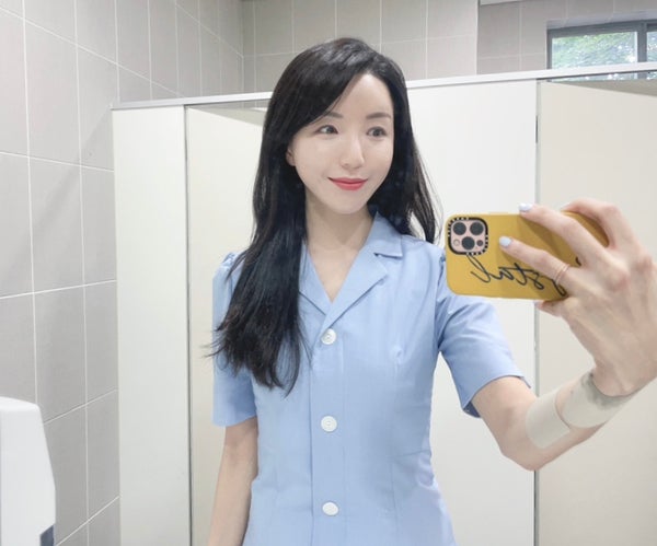  여자 여름 하객룩 리올그 반팔 머메이드 하늘색 원피스 코디 30대 출근룩 REORG