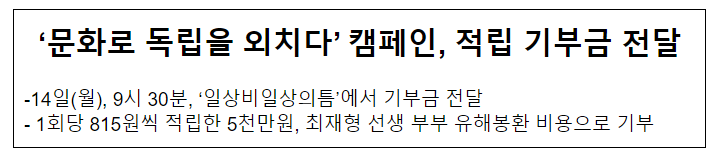 문화로 독립을 외치다 캠페인 적립 기부금 전달 문화로 독립을 외치다 캠페인 적립 기부금 전달