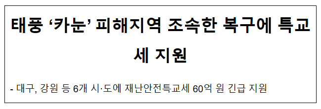 태풍 ‘카눈’ 피해지역 조속한 복구에 특교세 지원 태풍 ‘카눈’ 피해지역 조속한 복구에 특교세 지원