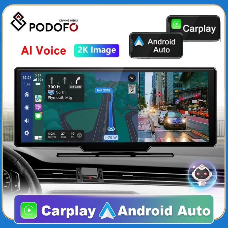 Podofo 차량용 미러 비디오 녹화, 무선 카플레이 & 안드로이드 오토, GPS 내비게이션 대시보드 DVR AI 음성 지원 모니터