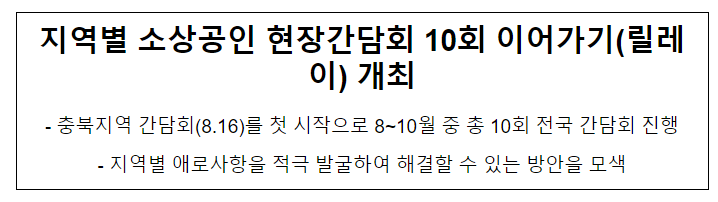 지역별 소상공인 현장간담회 10회 이어가기(릴레이) 개최 지역별 소상공인 현장간담회 10회 이어가기(릴레이) 개최