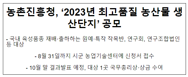 농촌진흥청, ‘2023년 최고품질 농산물 생산단지’ 공모