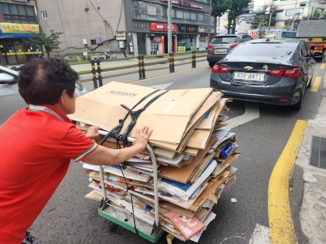 “80kg 주웠는데 고작 4000원” 폐지 단가 하락에 폭염까지...한숨 느는 노인들 “80kg 주웠는데 고작 4000원” 폐지 단가 하락에 폭염까지...한숨 느는 노인들
