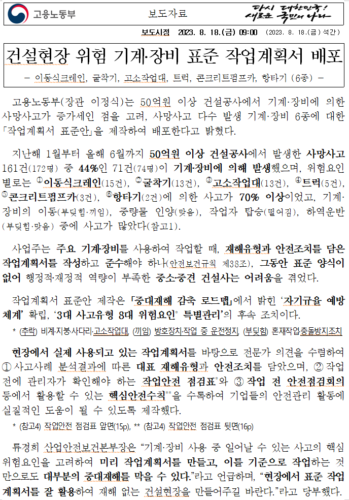 건설현장 위험 기계‧장비 표준 작업계획서 배포 건설현장 위험 기계‧장비 표준 작업계획서 배포