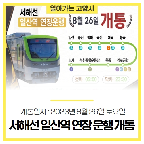 서해선 일산역 연장 운행 8월 26일 개통 - 고양시청 알림 서해선 일산역 연장 운행 8월 26일 개통 - 고양시청 알림