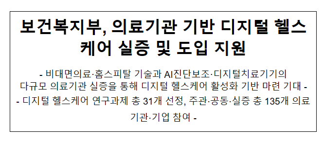 보건복지부, 의료기관 기반 디지털 헬스케어 실증 및 도입 지원 보건복지부, 의료기관 기반 디지털 헬스케어 실증 및 도입 지원