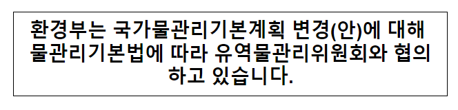 환경부는 국가물관리기본계획 변경(안)에 대해 물관리기본법에 따라 유역물관리위원회와 협의하고 있습니다. 환경부는 국가물관리기본계획 변경(안)에 대해 물관리기본법에 따라 유역물관리위원회와 협의하고 있습니다.