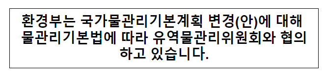 환경부는 국가물관리기본계획 변경(안)에 대해 물관리기본법에 따라 유역물관리위원회와 협의하고 있습니다.