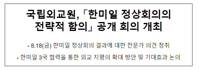 국립외교원, 「한미일 정상회의의 전략적 함의」 공개 회의 개최 국립외교원, 「한미일 정상회의의 전략적 함의」 공개 회의 개최