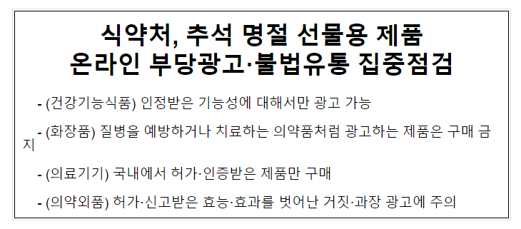 식약처, 추석 명절 선물용 제품 온라인 부당광고·불법유통 집중점검 식약처, 추석 명절 선물용 제품 온라인 부당광고·불법유통 집중점검