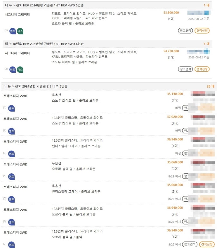  더뉴 쏘렌토 페이스리프트 장기렌트 납기 즉시출고