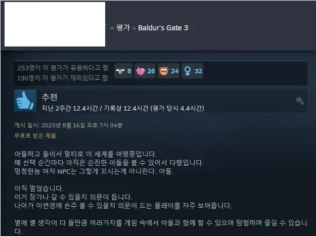  아들과 함께 발더스 게이트 3(Baldur's Gate III) 를 플레이한 어느 아빠가 남긴 스팀 평가