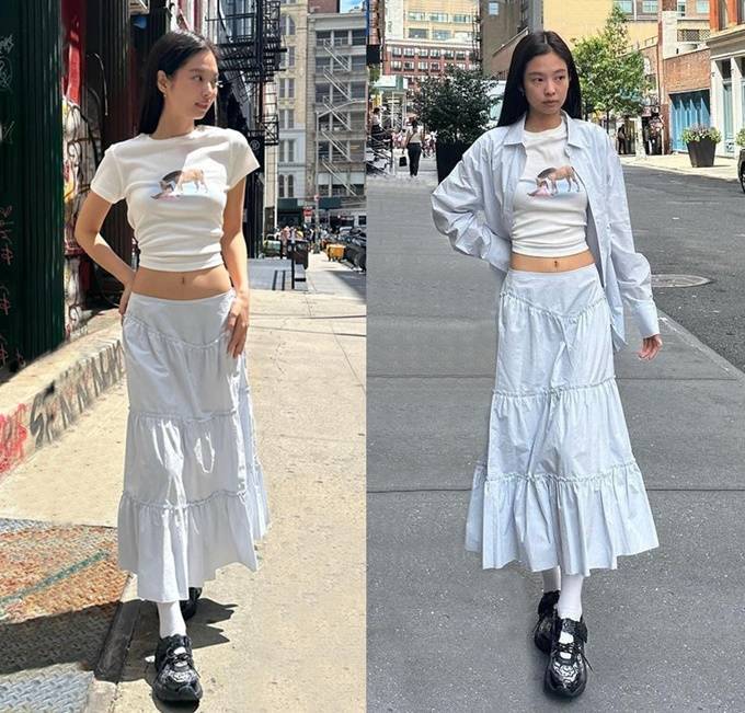 블랙핑크 제니, 캉캉 치마도 섹시하게...딱 붙는 크롭티와 연출한 스트리트룩 블랙핑크 제니, 캉캉 치마도 섹시하게...딱 붙는 크롭티와 연출한 스트리트룩