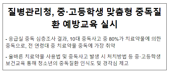질병관리청, 중·고등학생 맞춤형 중독질환 예방교육 실시 질병관리청, 중·고등학생 맞춤형 중독질환 예방교육 실시