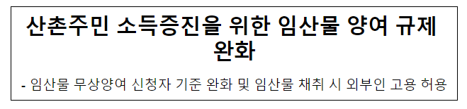 산촌주민 소득증진을 위한 임산물 양여 규제 완화 산촌주민 소득증진을 위한 임산물 양여 규제 완화