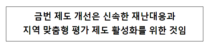 금번 제도 개선은 신속한 재난대응과 지역 맞춤형 평가 제도 활성화를 위한 것임 금번 제도 개선은 신속한 재난대응과 지역 맞춤형 평가 제도 활성화를 위한 것임