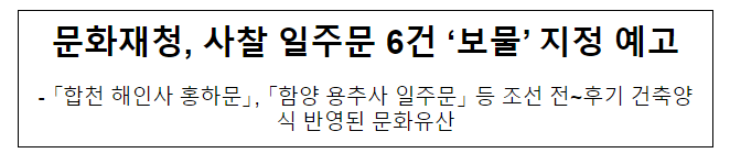문화재청, 사찰 일주문 6건 ‘보물’ 지정 예고 문화재청, 사찰 일주문 6건 ‘보물’ 지정 예고