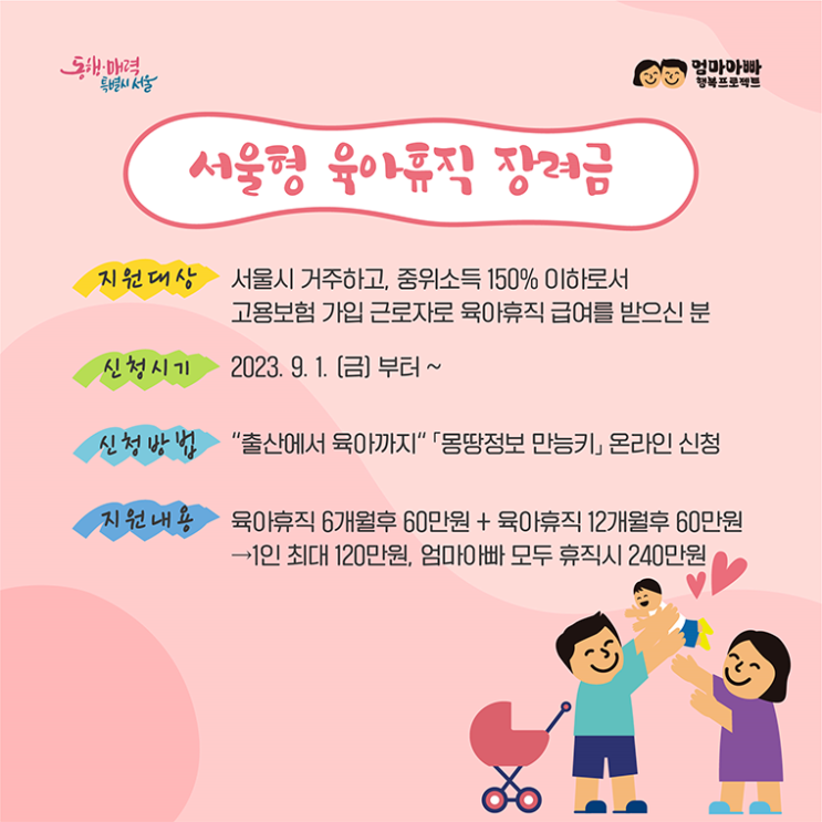 서울형 육아휴직 장려금 최대 240만원 (자격조건,신청방법,제출서류)