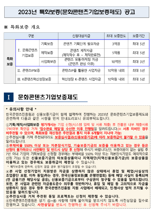 2023년 9월 특화보증(문화콘텐츠기업보증제도) 공고 2023년 9월 특화보증(문화콘텐츠기업보증제도) 공고