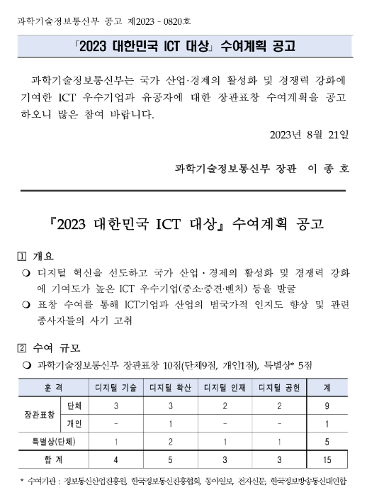 2023년 대한민국 ICT 대상 수여계획 공고