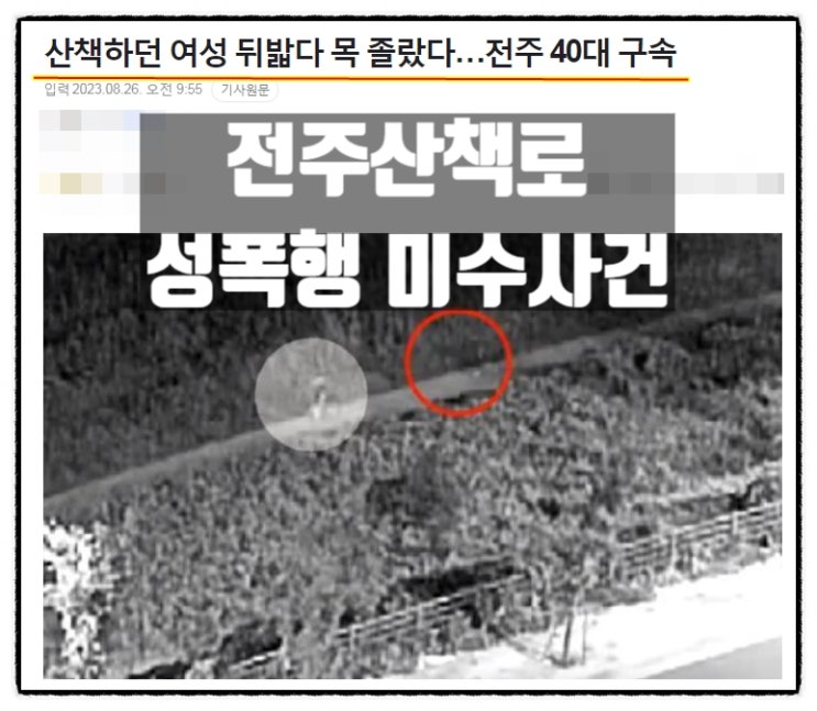  전주 삼천변 산책로 성폭행미수사건 40대범인 30대여성 뒤따라가 목조름 영상
