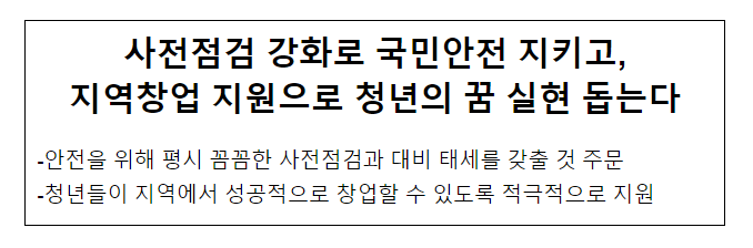 사전점검 강화로 국민안전 지키고, 지역창업 지원으로 청년의 꿈 실현 돕는다 사전점검 강화로 국민안전 지키고, 지역창업 지원으로 청년의 꿈 실현 돕는다