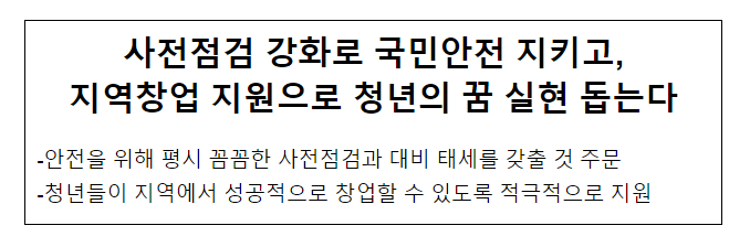 사전점검 강화로 국민안전 지키고, 지역창업 지원으로 청년의 꿈 실현 돕는다