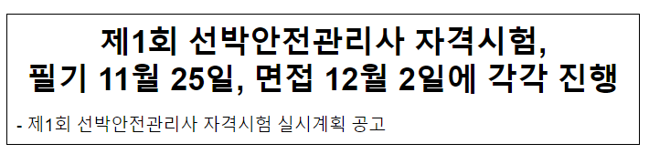 제1회 선박안전관리사 자격시험, 필기 11월 25일, 면접 12월 2일에 각각 진행