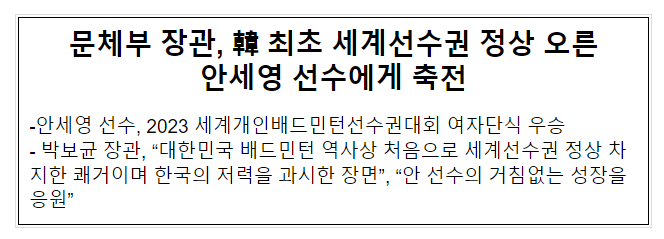 문체부 장관, 韓 최초 세계선수권 정상 오른 안세영 선수에게 축전 문체부 장관, 韓 최초 세계선수권 정상 오른 안세영 선수에게 축전