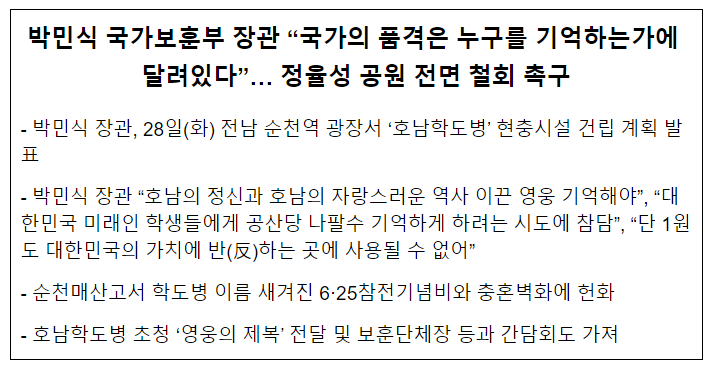 박민식 국가보훈부 장관 “국가의 품격은 누구를 기억하는가에 달려있다”… 정율성 공원 전면 철회 촉구 박민식 국가보훈부 장관 “국가의 품격은 누구를 기억하는가에 달려있다”… 정율성 공원 전면 철회 촉구