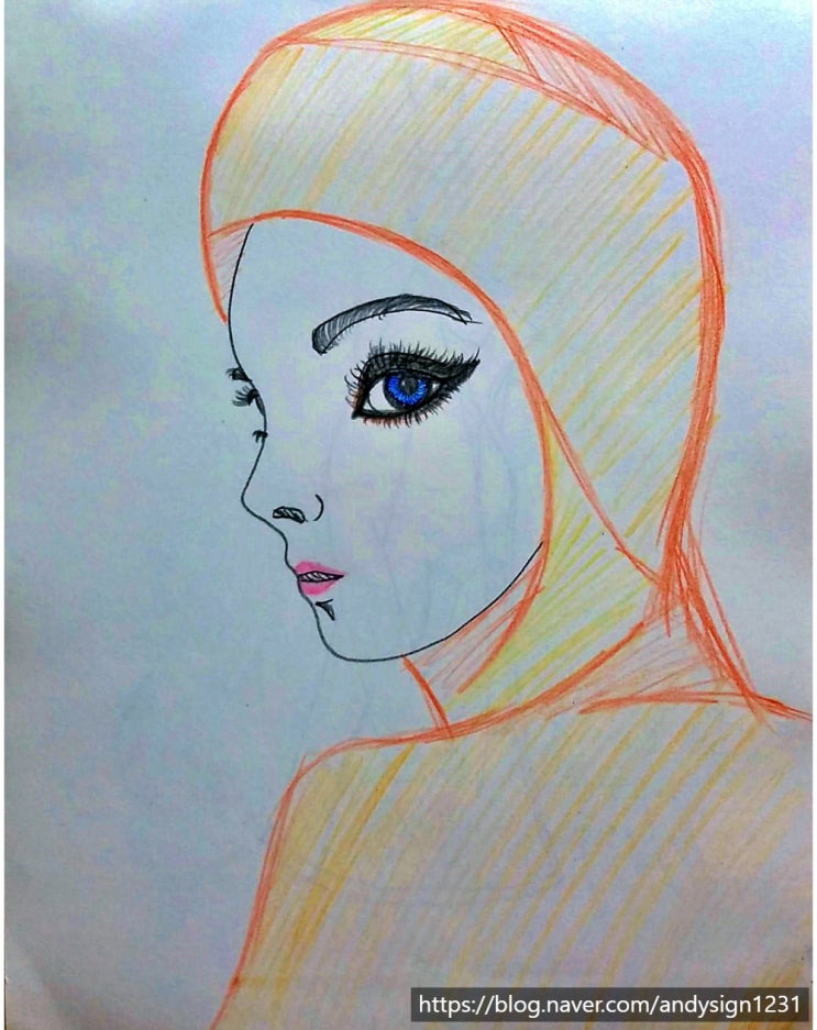 두 명의 여성 인물의 얼굴 모습을 펜과 색연필, 형광펜으로 그린 인물화 그림 그리기