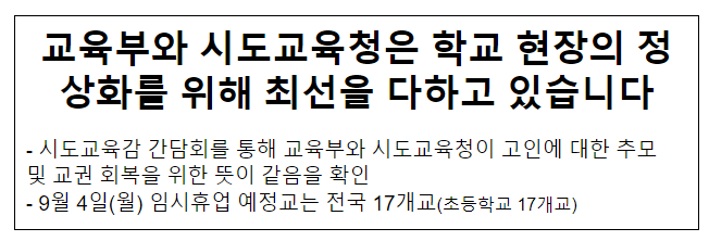 교육부와 시도교육청은 학교 현장의 정상화를 위해 최선을 다하고 있습니다 교육부와 시도교육청은 학교 현장의 정상화를 위해 최선을 다하고 있습니다