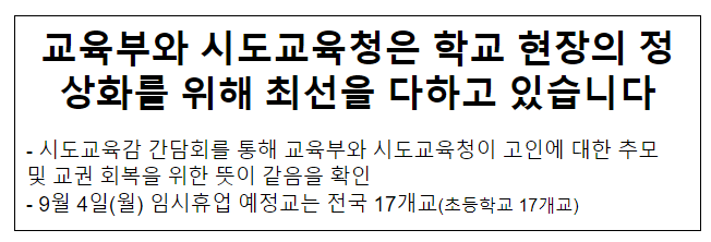 교육부와 시도교육청은 학교 현장의 정상화를 위해 최선을 다하고 있습니다