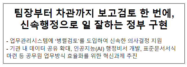 팀장부터 차관까지 보고검토 한 번에, 신속행정으로 일 잘하는 정부 구현 팀장부터 차관까지 보고검토 한 번에, 신속행정으로 일 잘하는 정부 구현