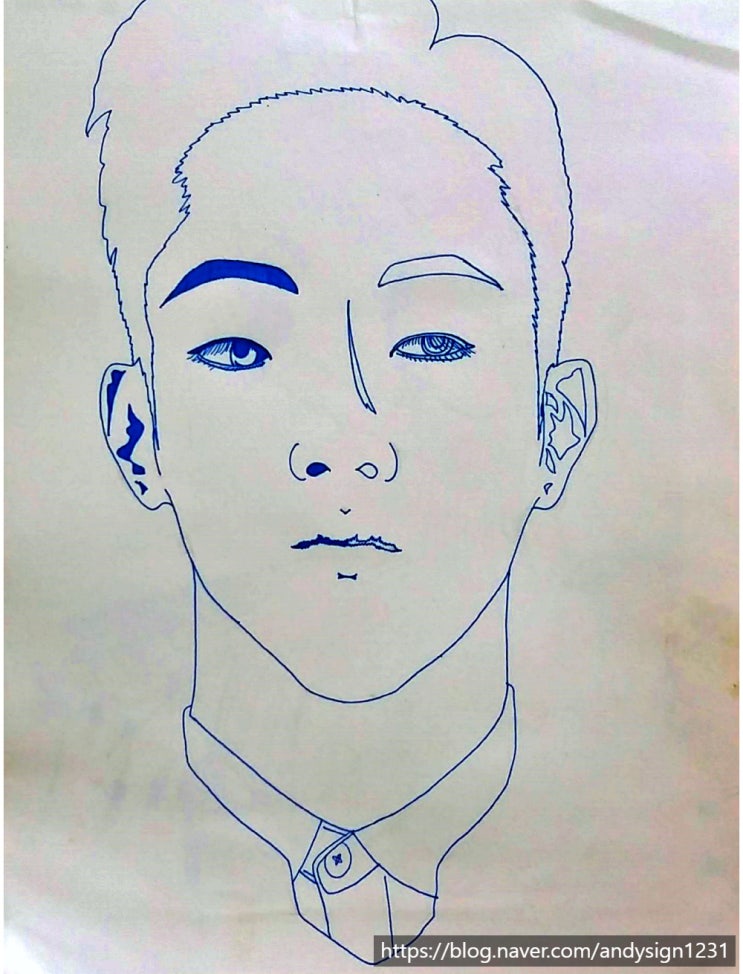 남성의 얼굴과 어지러운 상태의 자화상을 펜으로 그린 인물화 그림 그리기
