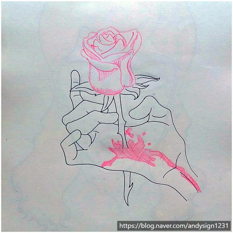 오른손을 관통한 장미 가시와 꽃다발의 모습을 펜과 색연필로 그린 식물화 그림 그리기