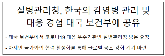 한국의 감염병 관리 및 대응 경험 태국 보건부에 공유 한국의 감염병 관리 및 대응 경험 태국 보건부에 공유