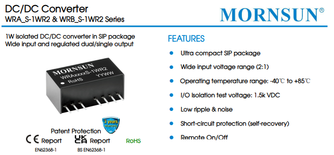  MORNSUN DC/DC Converter WRA_S-1WR2 & WRB_S-1WR2 Series