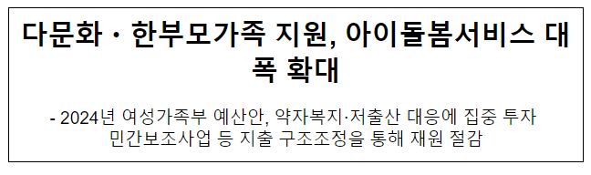다문화·한부모가족 지원, 아이돌봄서비스 대폭 확대(2024년 예산안) 다문화·한부모가족 지원, 아이돌봄서비스 대폭 확대(2024년 예산안)