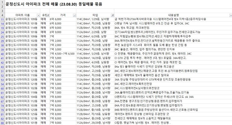  운정신도시 아이파크 23.8월 마무리 (매매, 전월세 거래량, 시세 및 흐름)