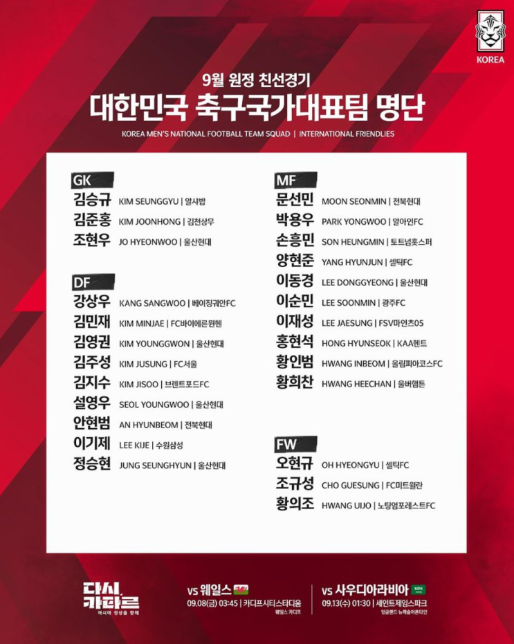 9월 A매치 웨일스, 사우디전 국가대표 명단 및 경기 일정... 