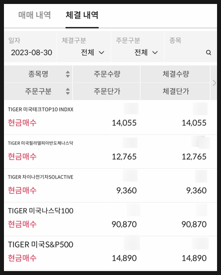 [890] 23년 8월분 ETF 매수함 : 적립식 분할매수 33개월차 (TIGER ETF / S&P500 · 나스닥100 · 미국테크Top10 · 차이나전기차 · 필반나)