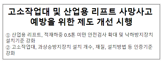 고소작업대 및 산업용 리프트 사망사고 예방을 위한 제도 개선 시행 고소작업대 및 산업용 리프트 사망사고 예방을 위한 제도 개선 시행
