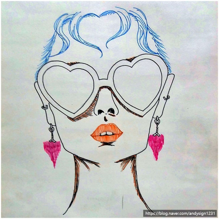 선글라스를 착용한 두 여성 인물의 얼굴 모습을 펜과 색연필로 그린 인물화 그림 그리기