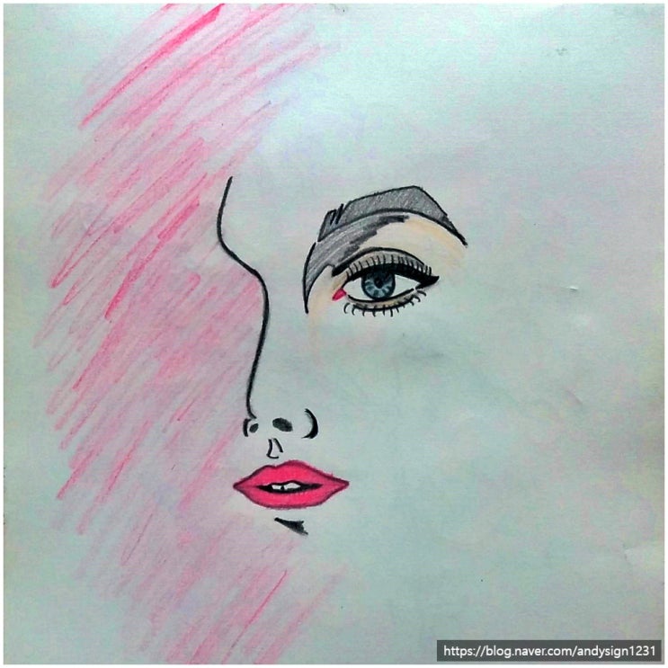 분홍색 겨울날의 얼굴과 혀에 체인 장식을 한 모습을 펜과 색연필로 그린 인물화 그림 그리기