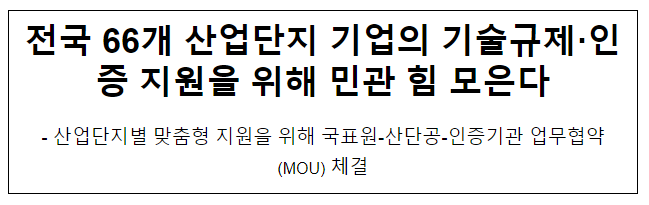 전국 66개 산업단지 기업의 기술규제·인증 지원을 위해 민관 힘 모은다 전국 66개 산업단지 기업의 기술규제·인증 지원을 위해 민관 힘 모은다